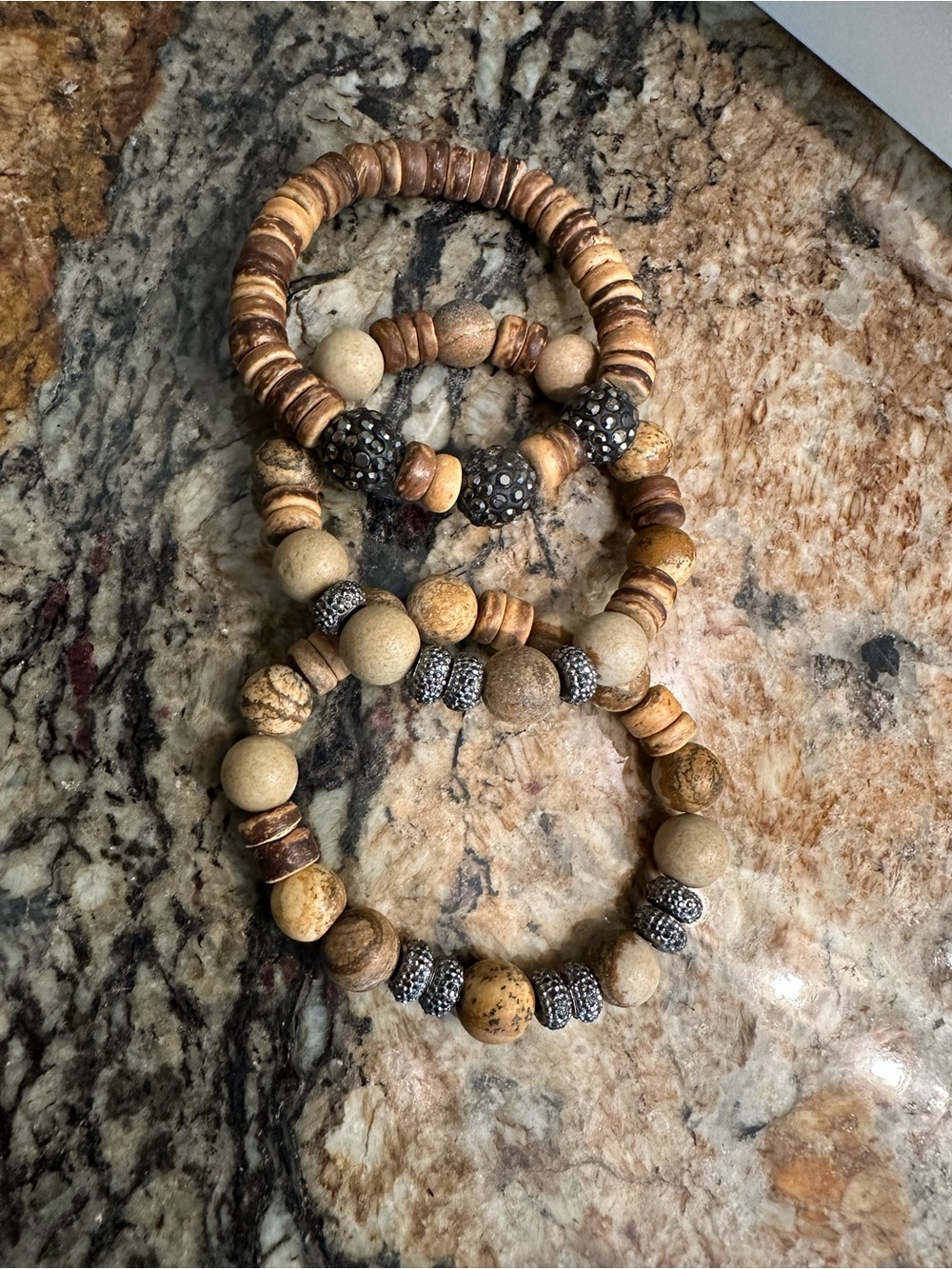 Natural Brown Stone and Wood Bead Stretch Bracelet Set